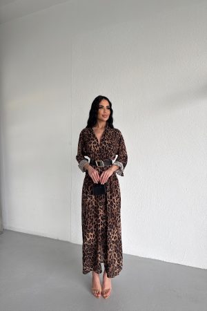 GÖMLEK YAKA LEOPAR DESENLİ  KEMERLİ ELBİSE
