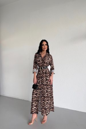 GÖMLEK YAKA LEOPAR DESENLİ KEMERLİ ELBİSE