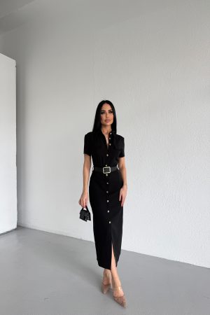 GÖMLEK YAKA GOLD DÜĞMELİ ELBİSE