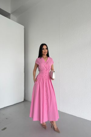 V YAKA ÖNÜ DÜĞMELİ PRENSES ELBİSE