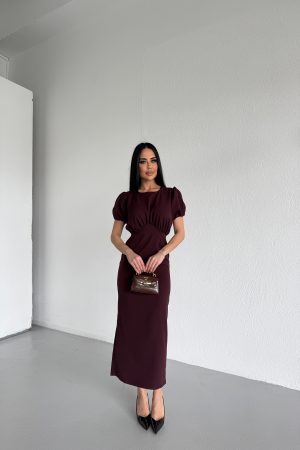 BİSİKLET YAKA BÜZGÜLÜ DABIL KOL ELBİSE