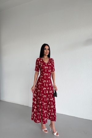V YAKA ÇİÇEKLİ ELBİSE