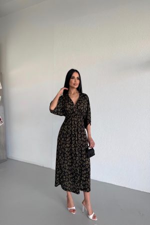 KRUVAZE YAKA BELDEN  LASTİKLİ ÇİÇEKLİ ELBİSE