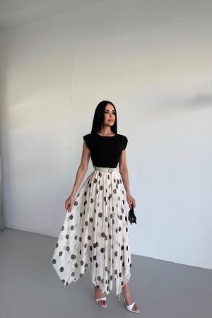 BİSİKLET YAKA ETEĞİ ŞİFON PUANTİYELİ ELBİSE