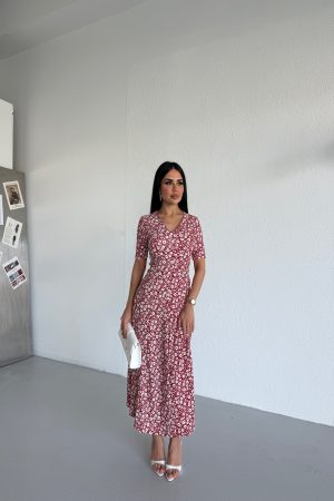 V YAKA  ÇİÇEKLİ ELBİSE