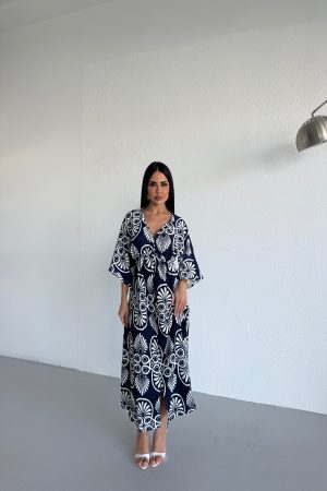 KRUVAZE YAKA BELDEN  LASTİKLİ ELBİSE