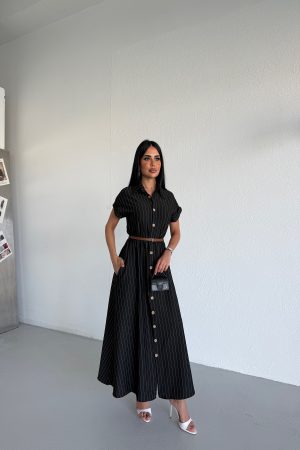 İNCE KEMERLİ ÇİZGİLİ GÖMLEK ELBİSE