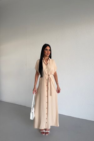 GÖMLEK YAKA KUŞAKLI VİSKON ELBİSE