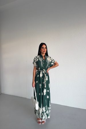 GÖLMEK YAKA BELDEN KUŞAKLI VİSKON ELBİSE