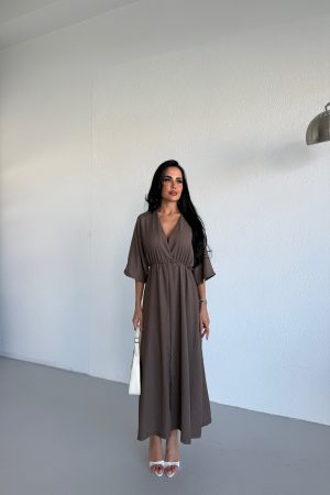 KRUVAZE YAKA BELDEN LASTİKLİ SALAŞ ELBİSE