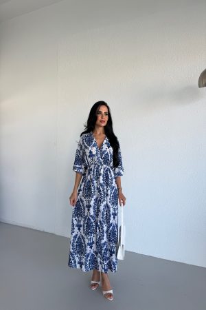 KRUVAZE YAKA BELDEN LASTİKLİ SALAŞ ELBİSE