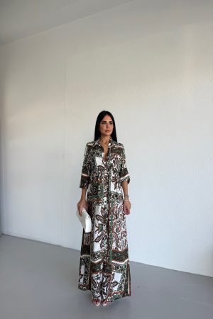 GÖMLEK YAKA ETNİK DESENLİ VİSKON ELBİSE