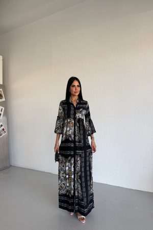 GÖMLEK YAKA ETNİK DESENLİ VİSKON ELBİSE