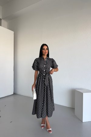 GÖMLEK YAKA PUANTİYE DESENLİ KUŞAKLI ELBİSE
