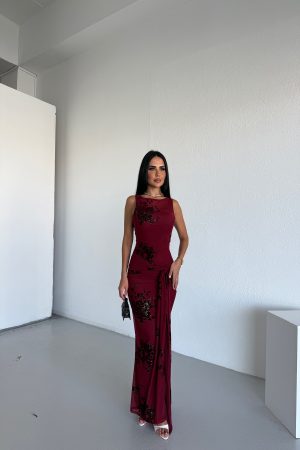 BEL KUŞAKLI FLOK BASKILI ELBİSE