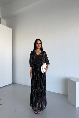 V YAKA PUANTİYELİ ŞİFON ELBİSE