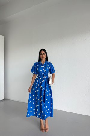 GÖMLEK YAKA PAPATYA DESENLİ KUŞAKLI ELBİSE