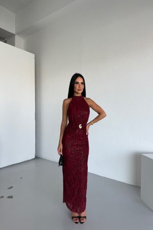 HALTER YAKA FLOK BASKILI ELBİSE