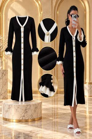 V YAKA ÖNÜ DÜĞMELİ TRİKO ELBİSE STANDART BEDEN (S/M/L/XL) UYUMLUDUR