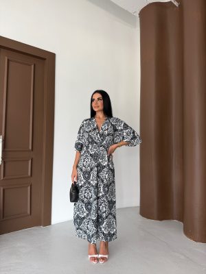 KRUVAZE YAKA BELDEN LASTİKLİ ELBİSE