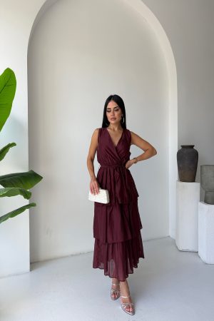 KRUVAZE YAKA KUŞAKLI KATLI ELBİSE