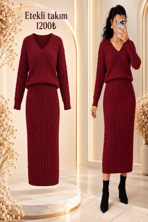 V YAKA ÖRGÜLÜ ETEKLİ TRİKO TAKIM STANDART BEDEN S/M/L/XL UYUMLUDUR